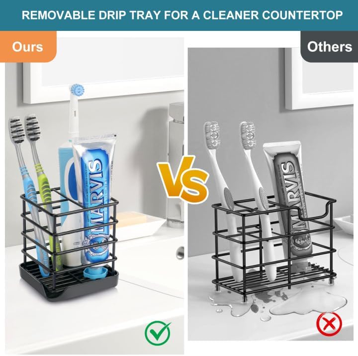 Chintu Toothbrush Holders for Bathrooms, Stainless Steel Bathroom Toothbrush Holder Kids Electric Tooth Brushing Holder Stand and Toothpaste Holder for Bathroom Accessories Organizer with Tray, Black (Small) - Image 2